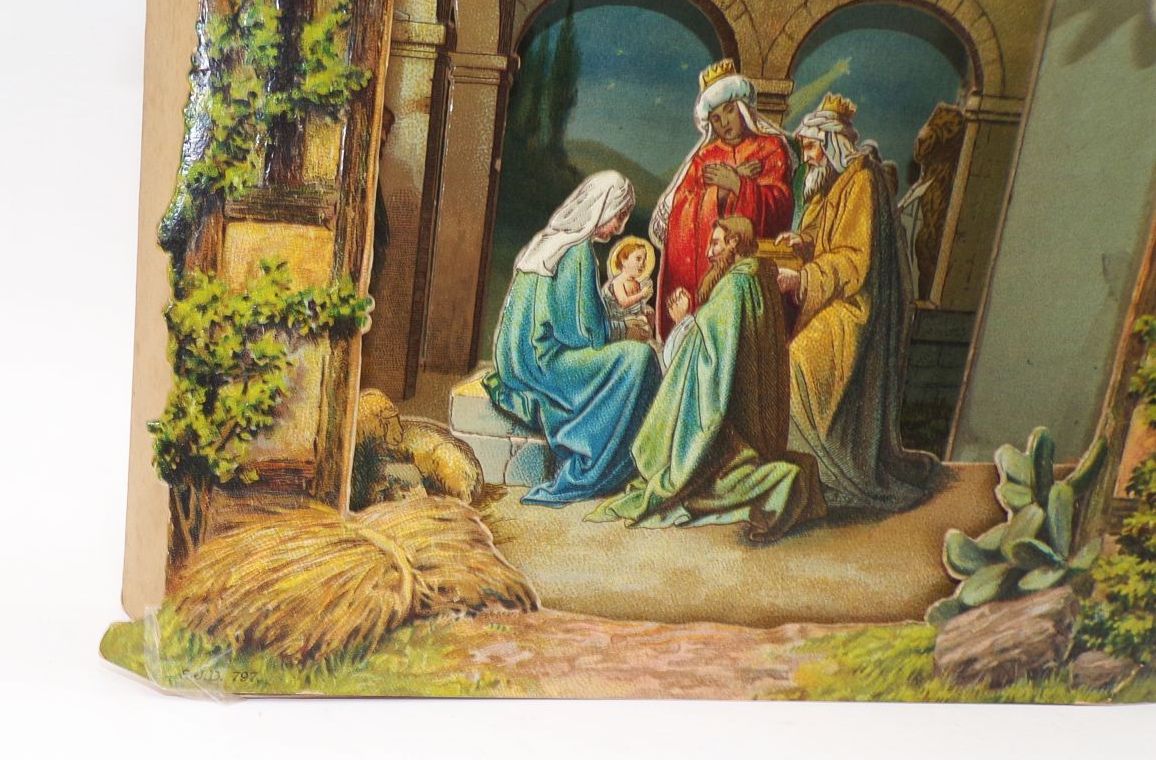 Alte Weihnachtskrippe Antik Aufstellkrippe aus Papier 3 D Weihnachtsschmuck 