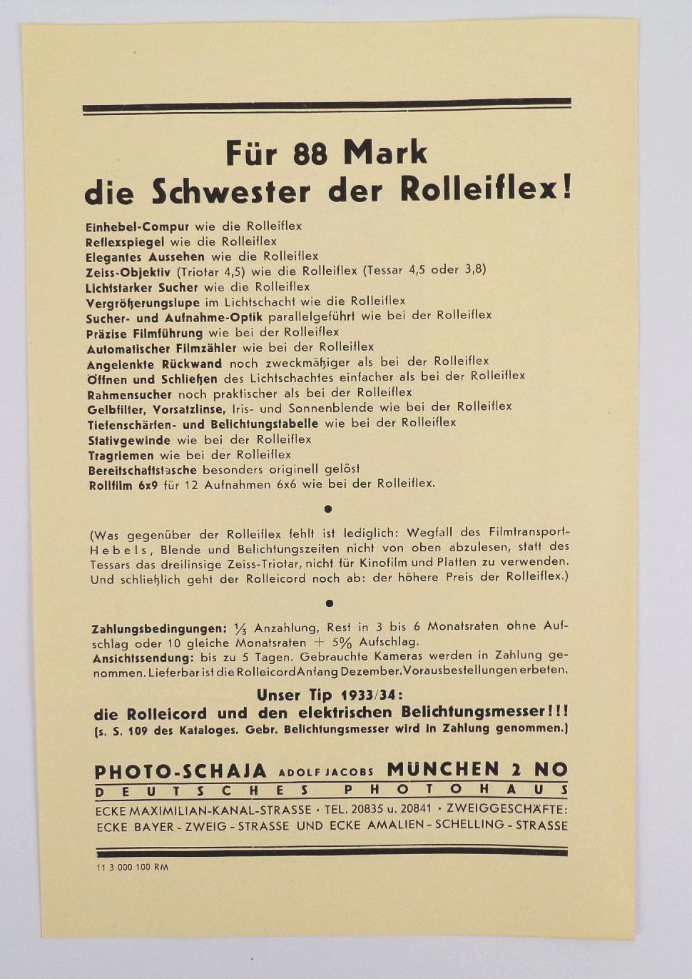 Reklame Blatt Rolleicord 6x6 Kamera Fototechnik 1930 er 