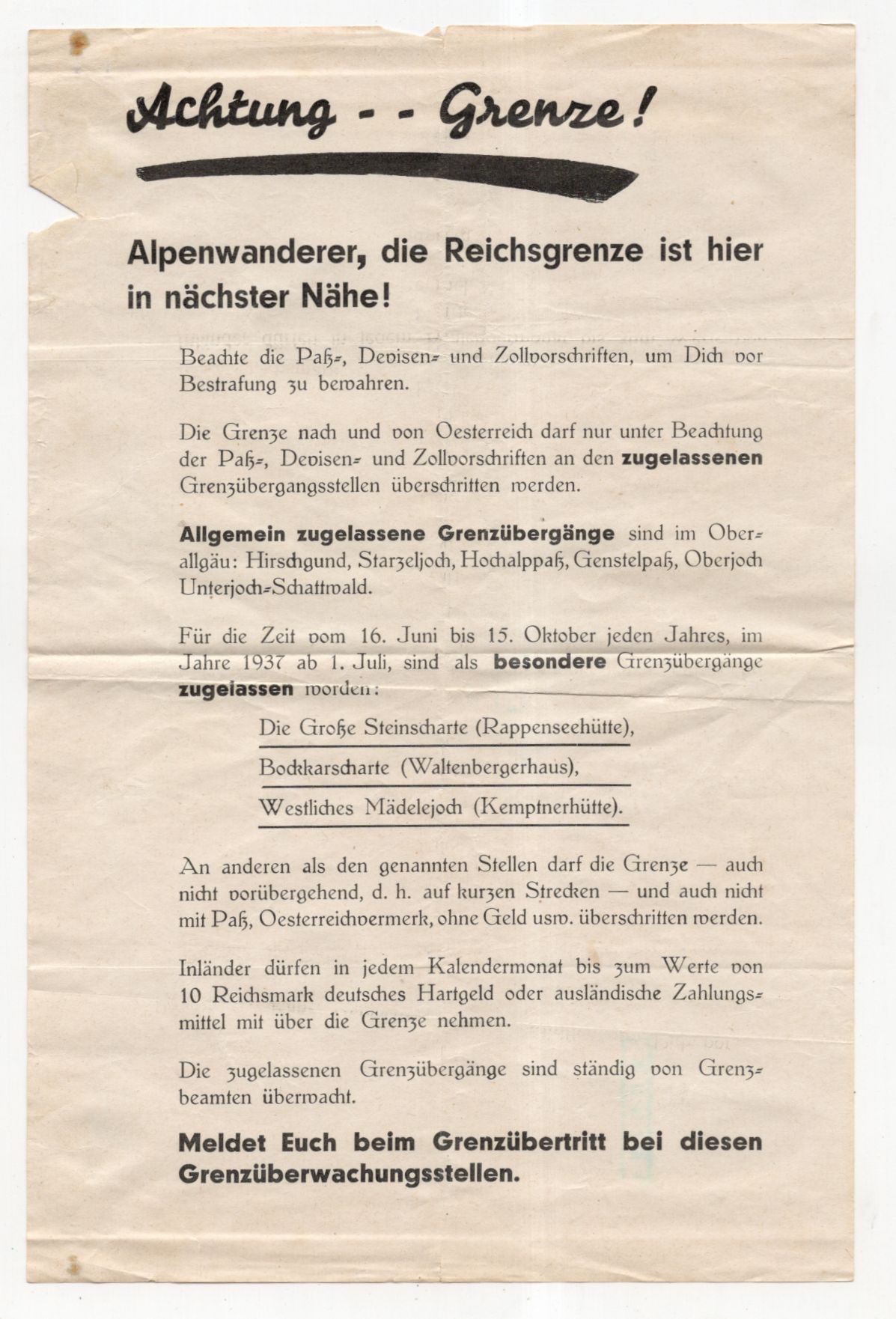 Dokument Grenze Übertritt Reichsgrenze Österreich 1937 Steinscharte Mädelejoch