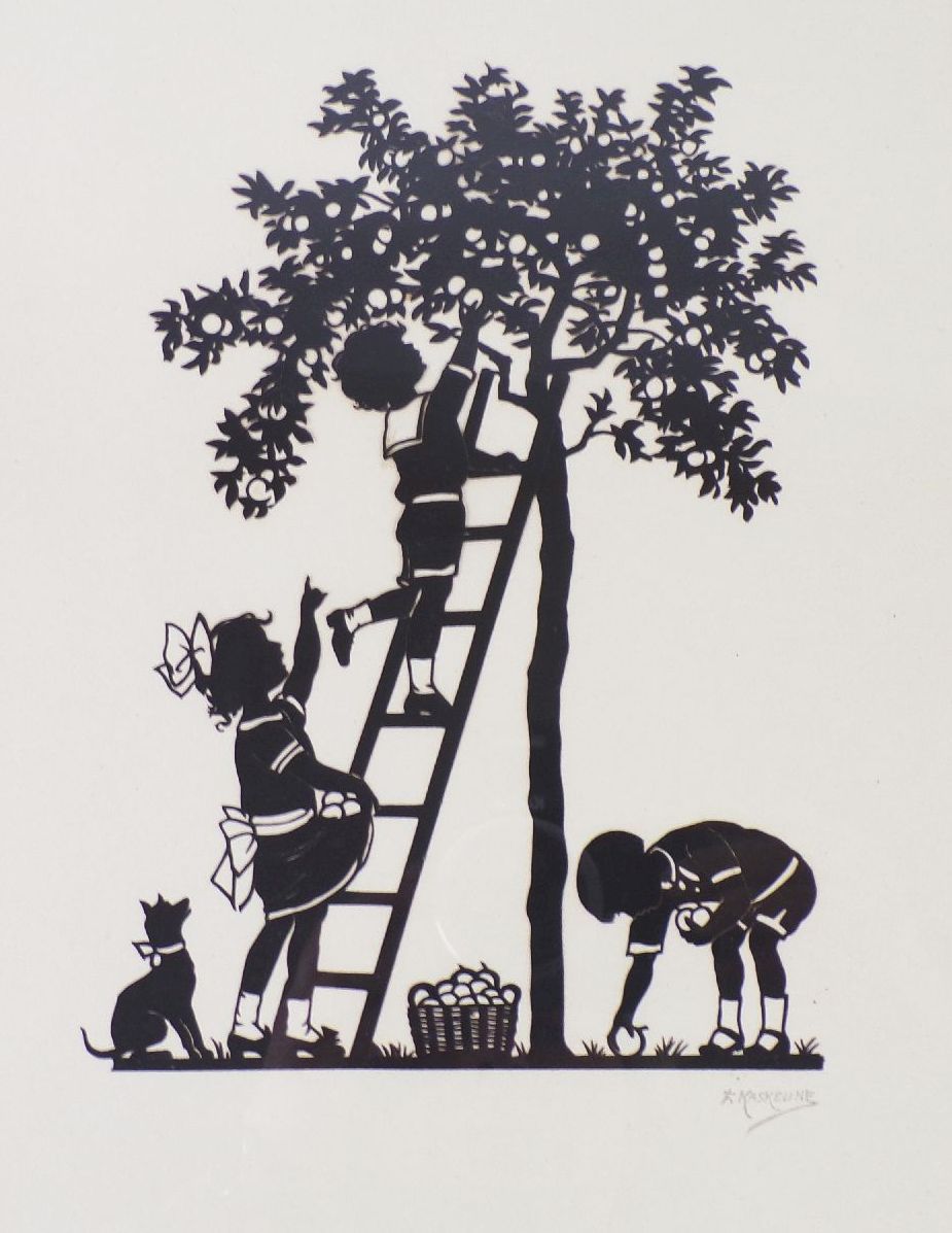Alter Scherenschnitt Kaskeline signiert Kinder Apfelbaum 1930er Bilderrahmen