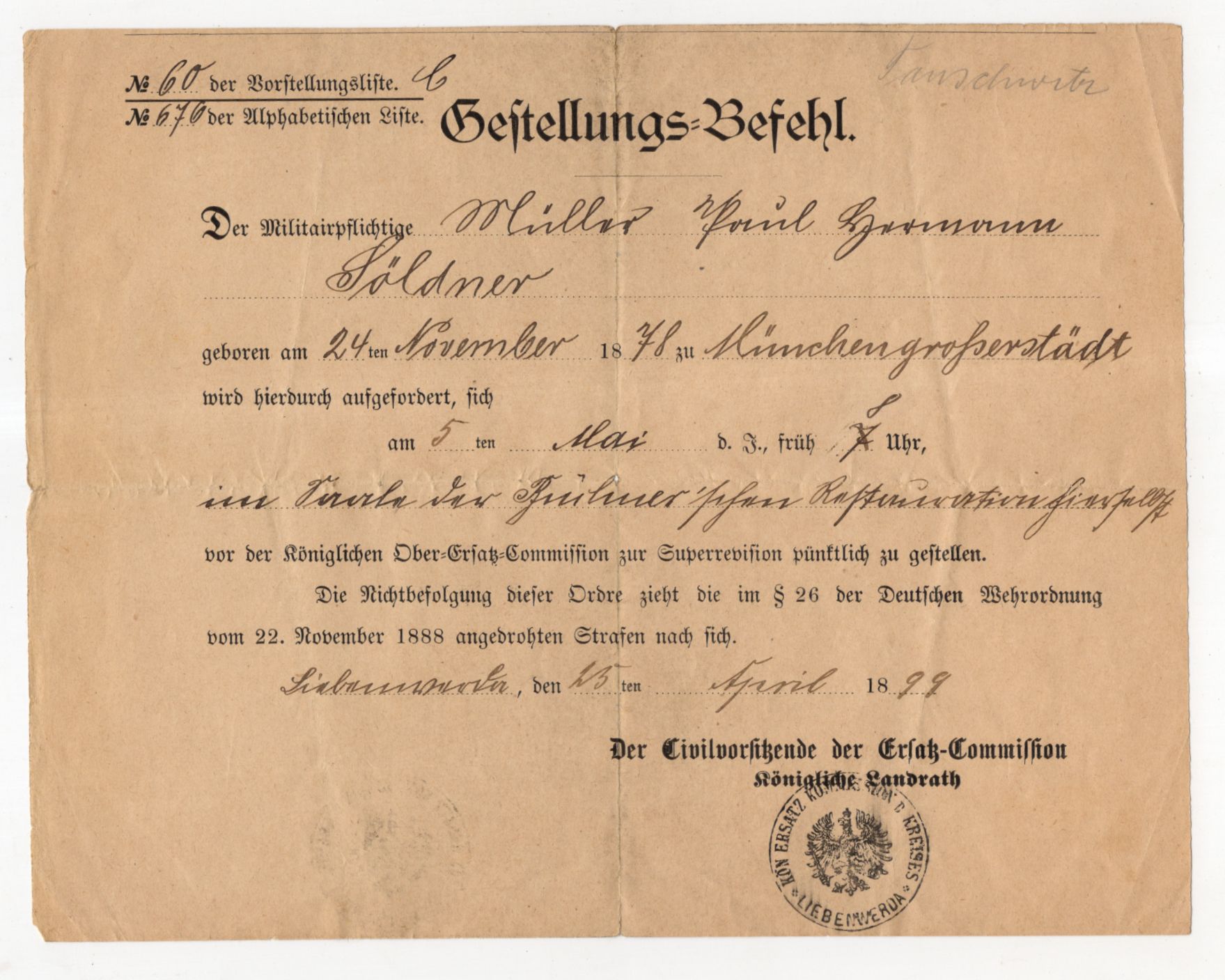 Gestellungs Befehl Münchengosserstädt 1899 Liebenwerda