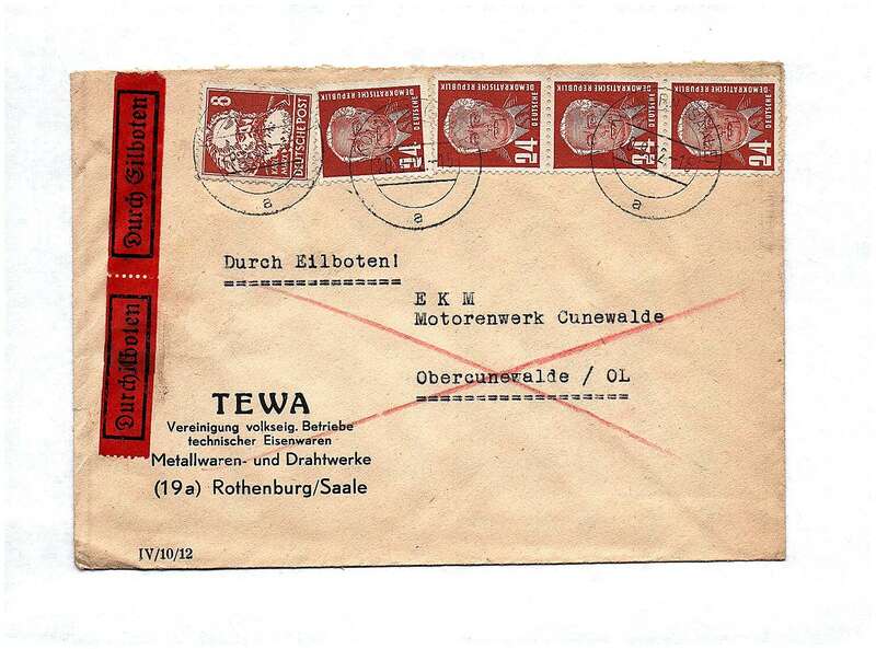 Brief Durch Eilboten DDR 1952 TEWA Metallwaren Drahtwerke Rothenburg Saale
