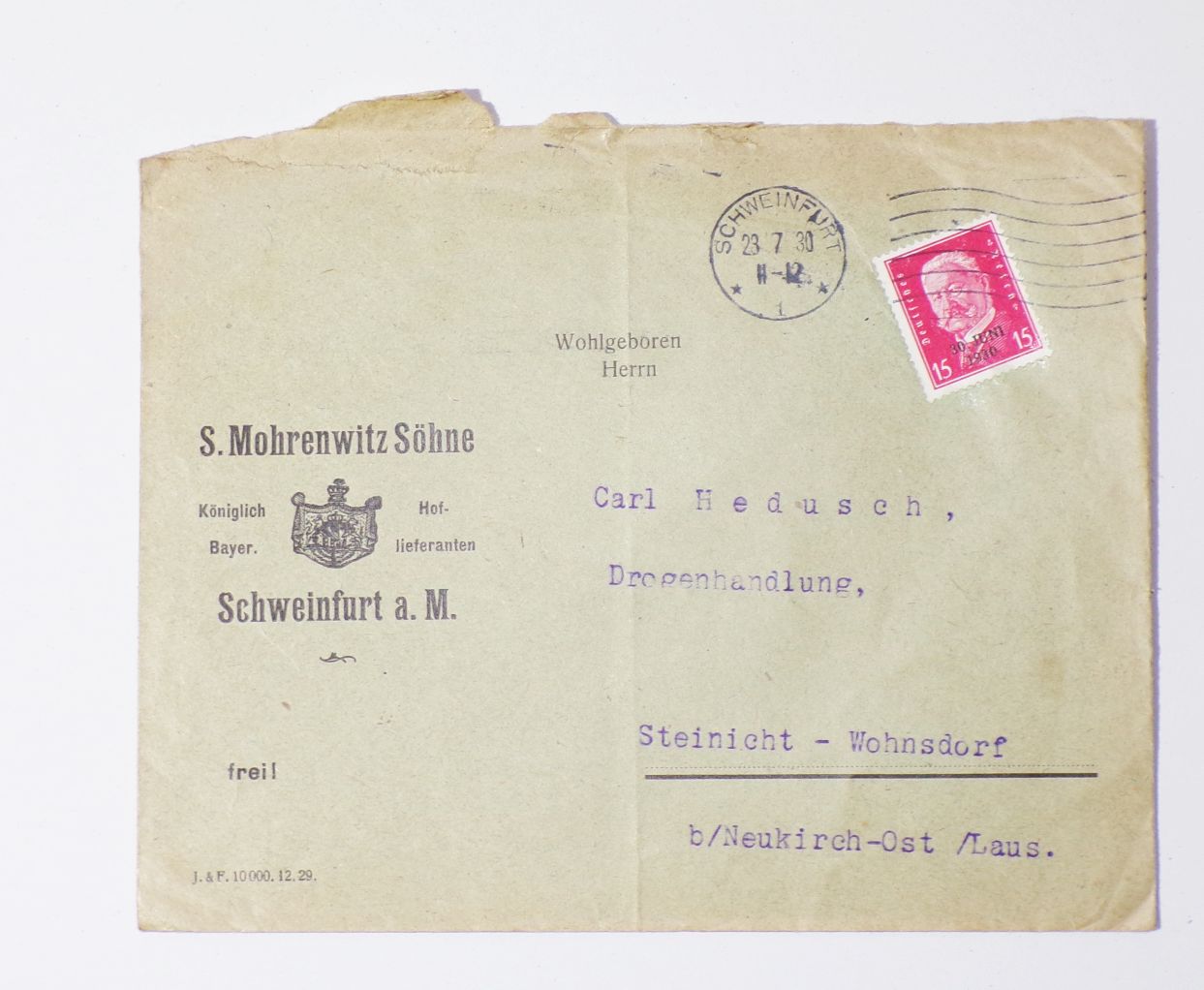 Reklame Brief Mohrenwitz Söhne Schweinfurt 1930