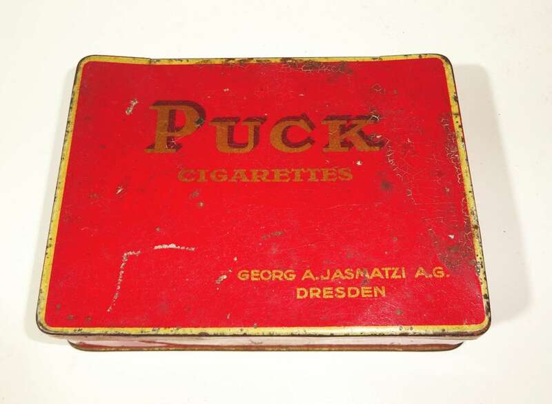 Zigarettendose Puck Georg Jasmatzi Dresden Blechdose Sammler Reklame