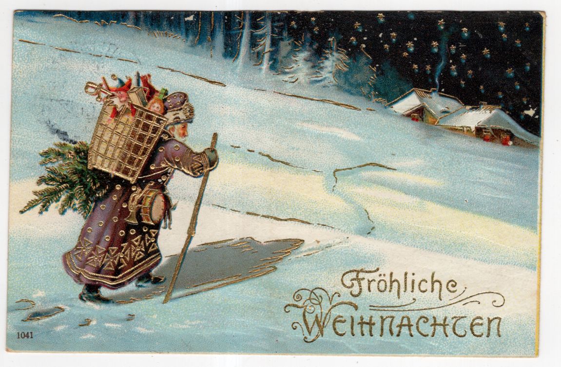 Ak Weihnachtsmann violetter Mantel stapft durch Schnee Gold Geprägt 