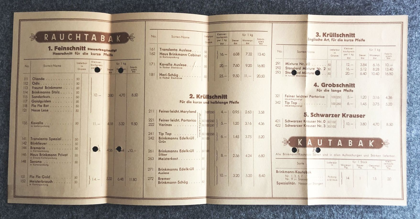 Tabak Fabriken Aktiengesellschaft Bremen Preisliste 6 von 1939 Prospekt