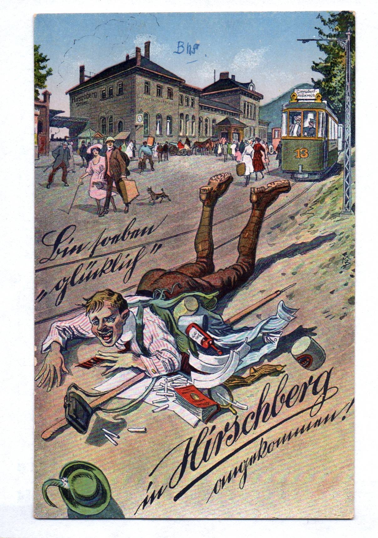 Künstler Ak Hirschberg Schlesien Straßenbahn Bin soeben glücklich gelandet
