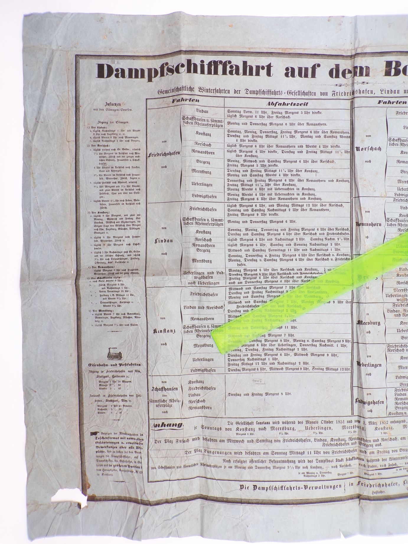 Alter Fahrplan Dampfschifffahrt aus den Bodensee und Rhein 1852 Alter Fahrplan Dampfschifffahrt aus den Bodensee und Rhein 1852
