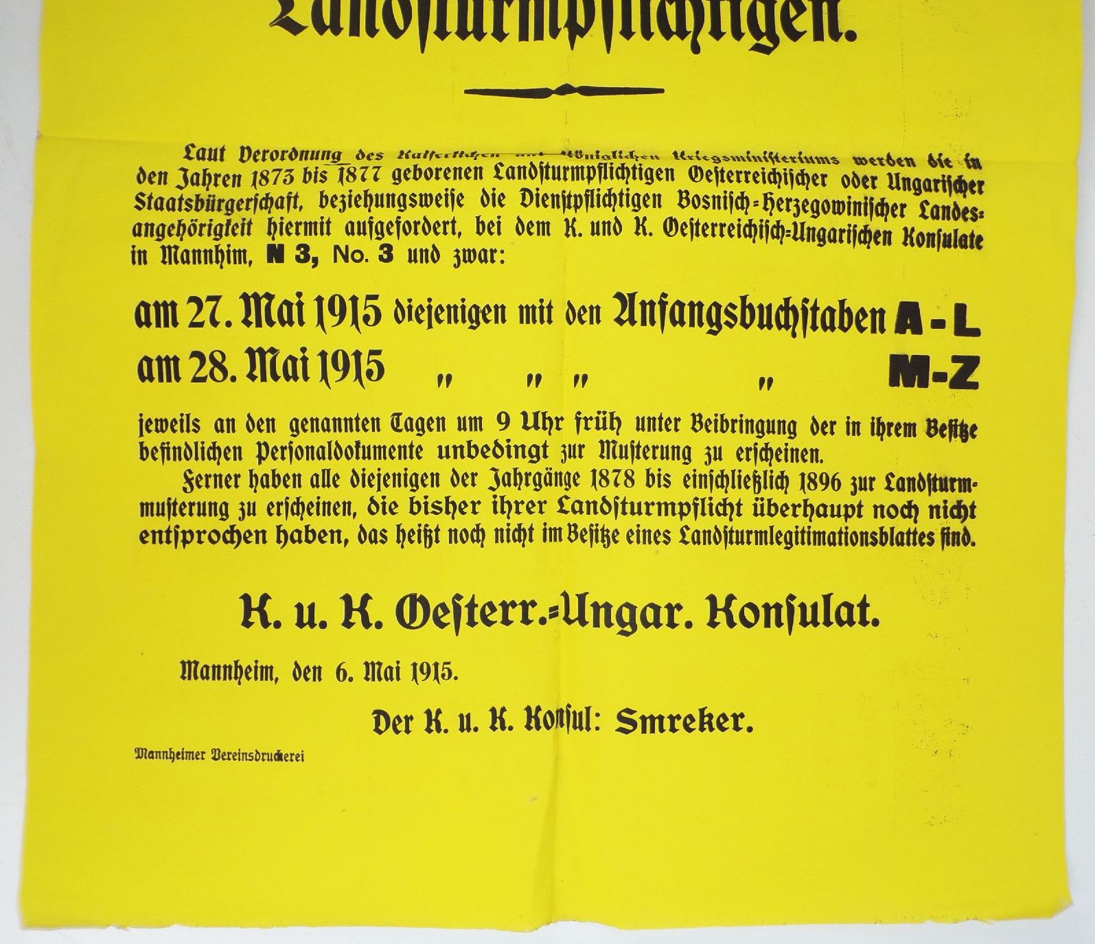 Altes Plakat 1915 Aufruf k u k österreich ungarisches Konsulat Mannheim