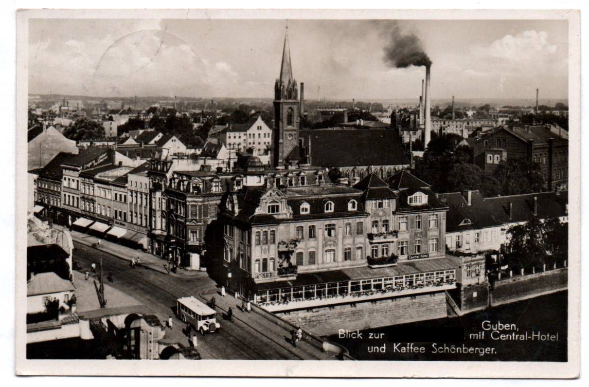 Ak Guben Strasse Kaffee Schönberger Central Hotel 1938