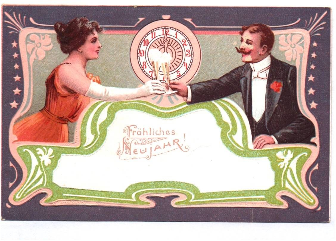 Jugendstil Postkarte Liebespaar mit Sekt Uhr Fröhliches Neujahr