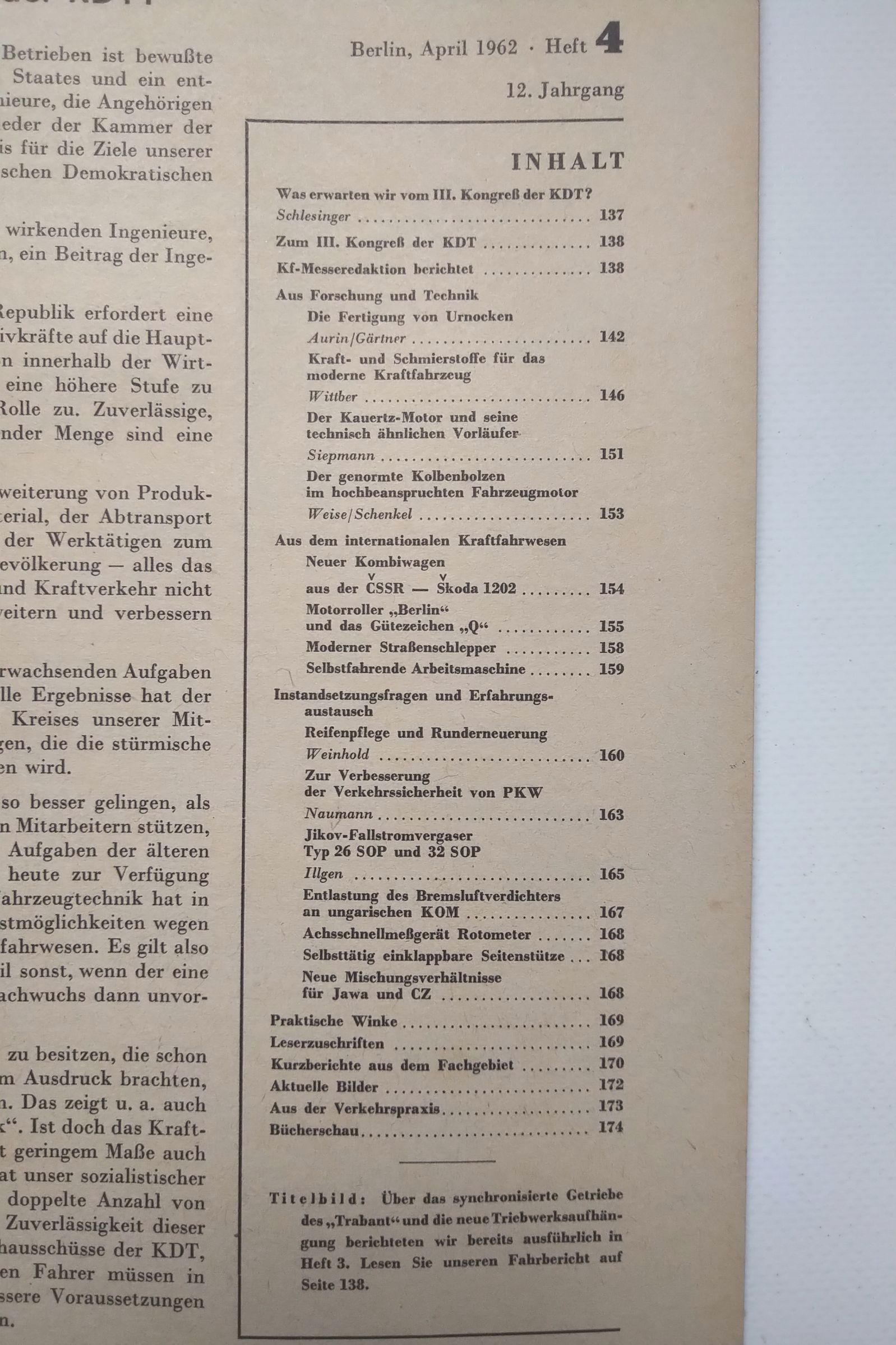 Kraftfahrzeugtechnik Zeitschrift DDR Nr 4 Trabant mit Synchrongetriebe 1962 Kraftfahrzeugtechnik Zeitschrift DDR Nr 4 Trabant mit Synchrongetriebe 1962