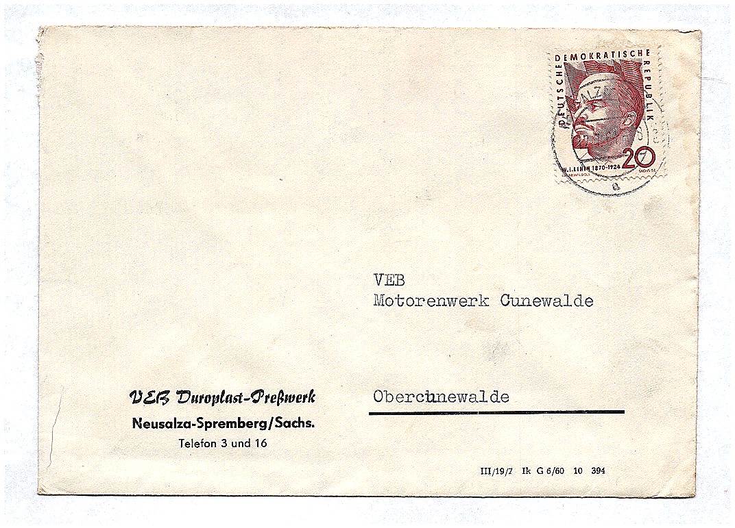 Brief VEB Duroplast Preßwerk an VEB Motorenwerk Cunewalde ca 1961 DDR