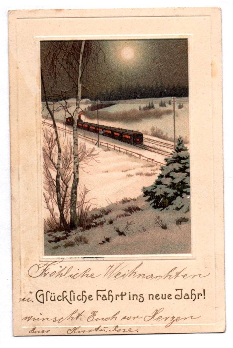 Postkarte Glückliche Fahrt ins neue Jahr Eisenbahn Dampflokomotive 