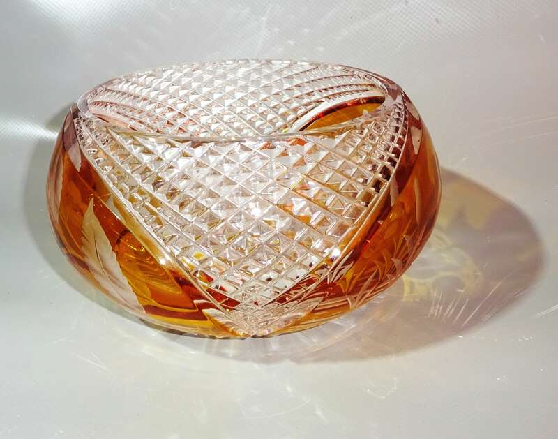 Kristall Schale Schwan Blumen Orange Gelb Vintage Kristallschale 