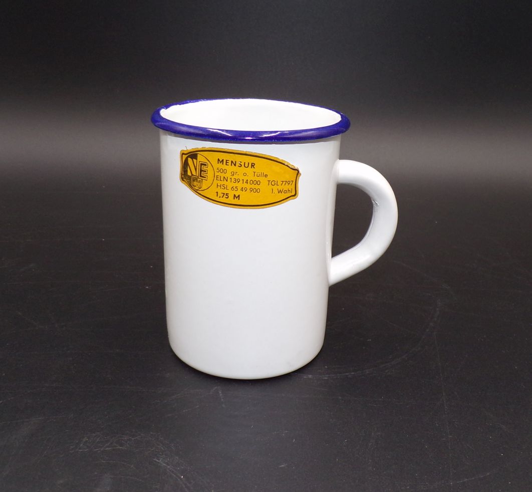 Alte Emaille Tasse Menur Weiß Blauer Rand Landhaus Deko Tippel 