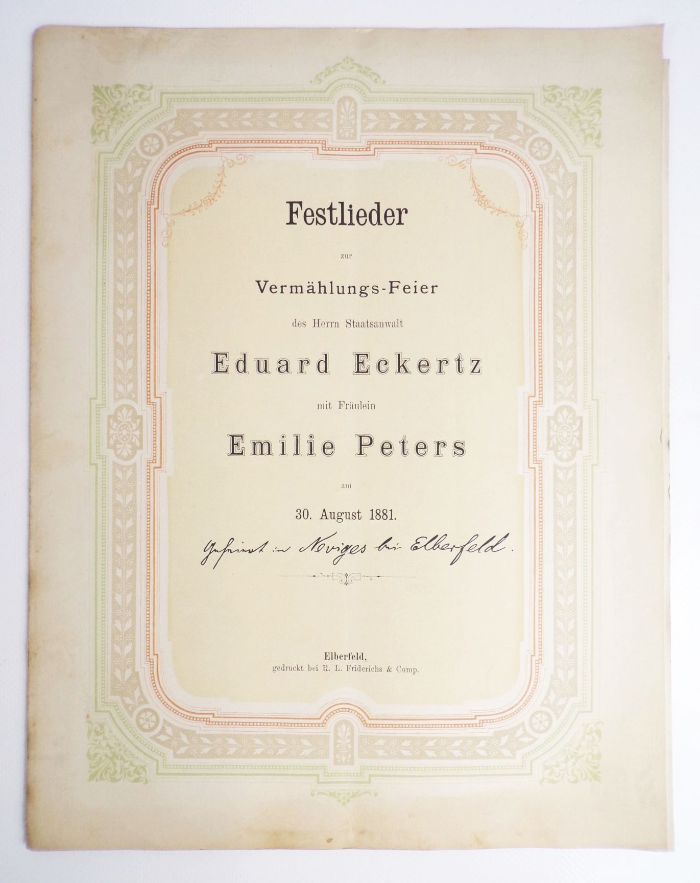 Hochzeitprogramme um 1890 Boeddinghaus Barmen Wuppertal Düsseldorf 