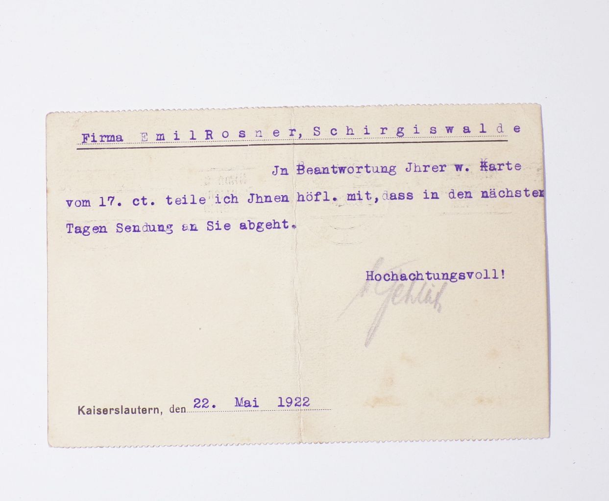 Postkarte Kaiserslautern Karl Schläfer Fahrradsattel u Lederwarenfabrik 1922 