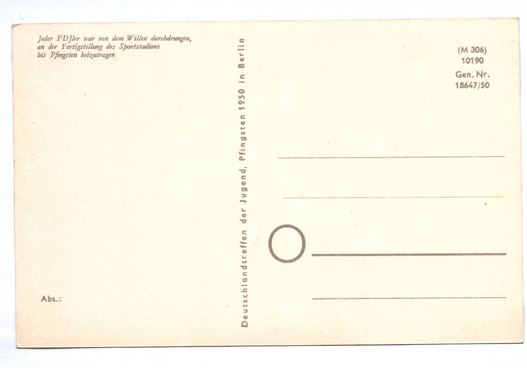 Ak Berlin Fertigstellung Sportstadion 1950 FDJ Junge Frau packt an