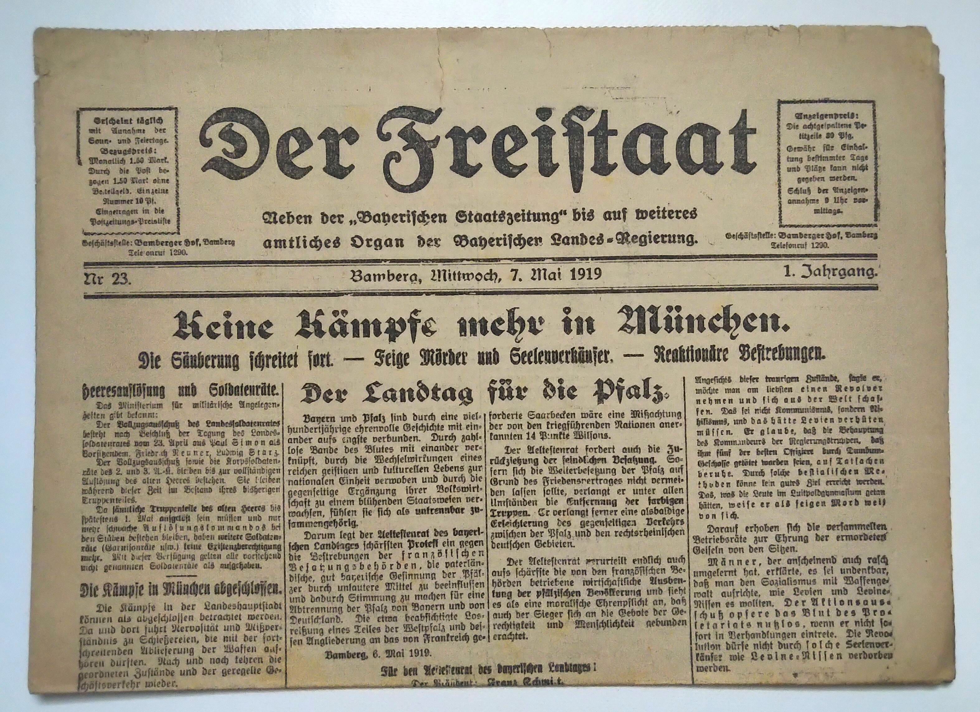 Der Freistaat 1919 Nr 23 Keine Kämpfe mehr in München