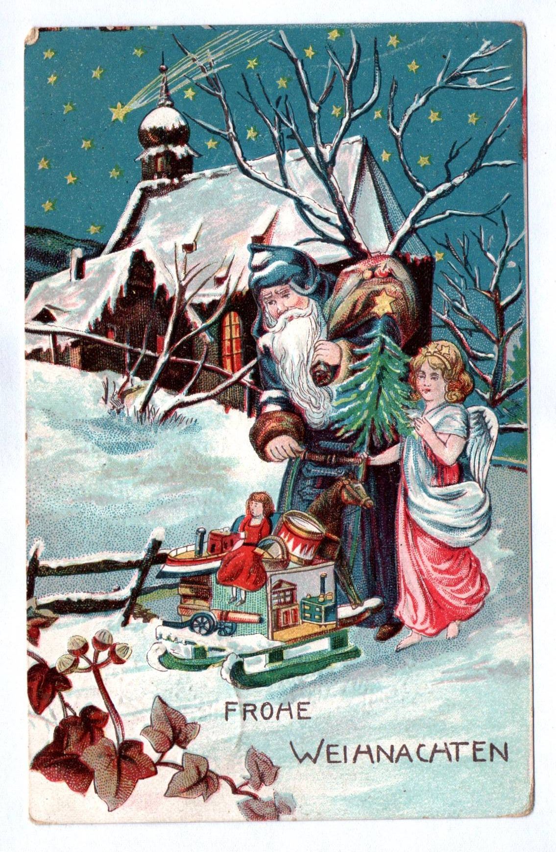 Künstler Ak Frohe Weihnachten Weihnachtsmann mit Engel geprägt Künstler Ak Frohe Weihnachten Weihnachtsmann mit Engel geprägt