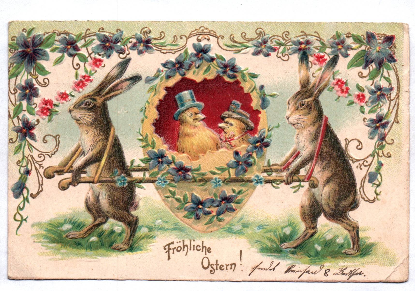 Präge Litho Ak Osterhasen mit Küken im Ei 1904 Fröhliche Ostern