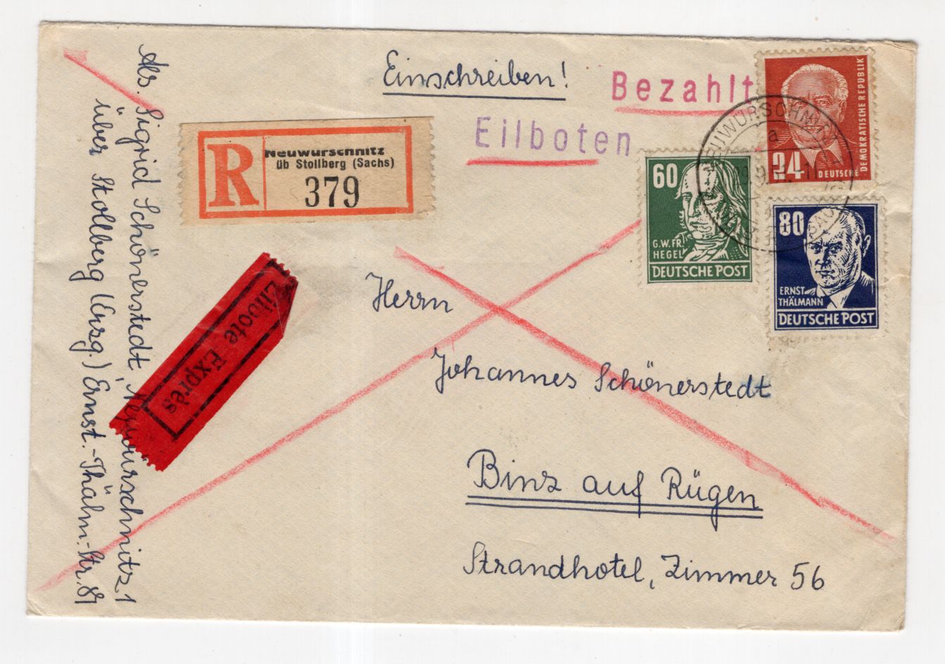 R Brief Neuwürschnitz über Stollberg Sachsen 1951 Mischfrankatur