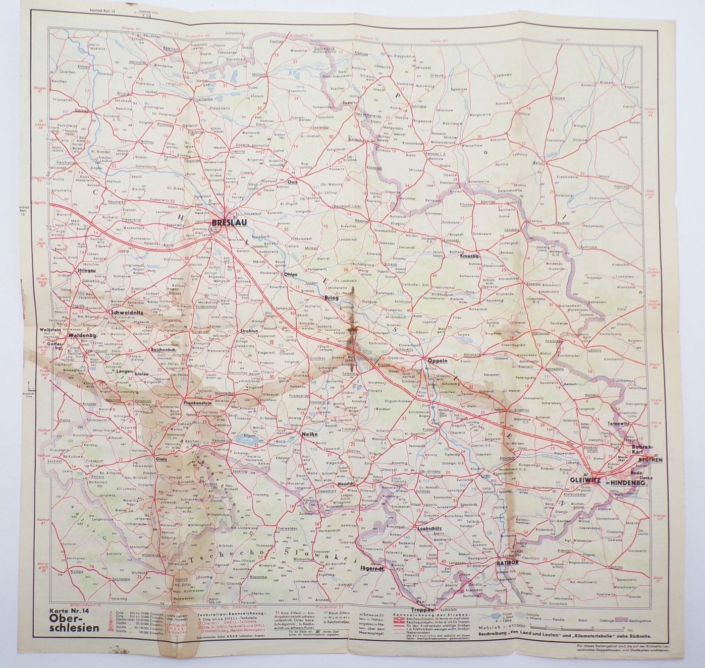 3 x Schlesien Landkarte von Shell um 1930 Oberschlesien Niederschlesien