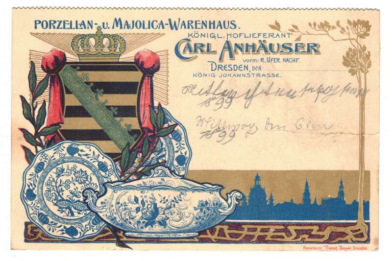 Jugendstil Litho Ak Porzellan u Majolica Warenhaus Carl Anhäuser Dresden 1899 