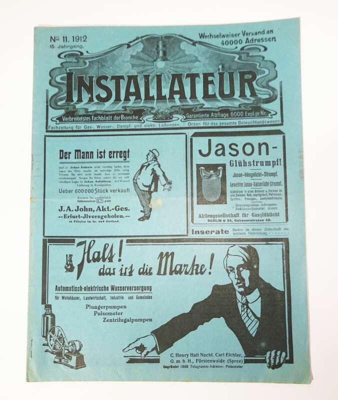 Installateur Gas Wasser Dampf Elektriker 1912 Nr 11 Reklame Anzeigen Anzeiger