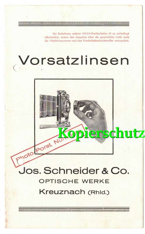 Reklame Prospekt  Vorsatzlinsen Jos. Schneider & Co Kreuznach 1930er 