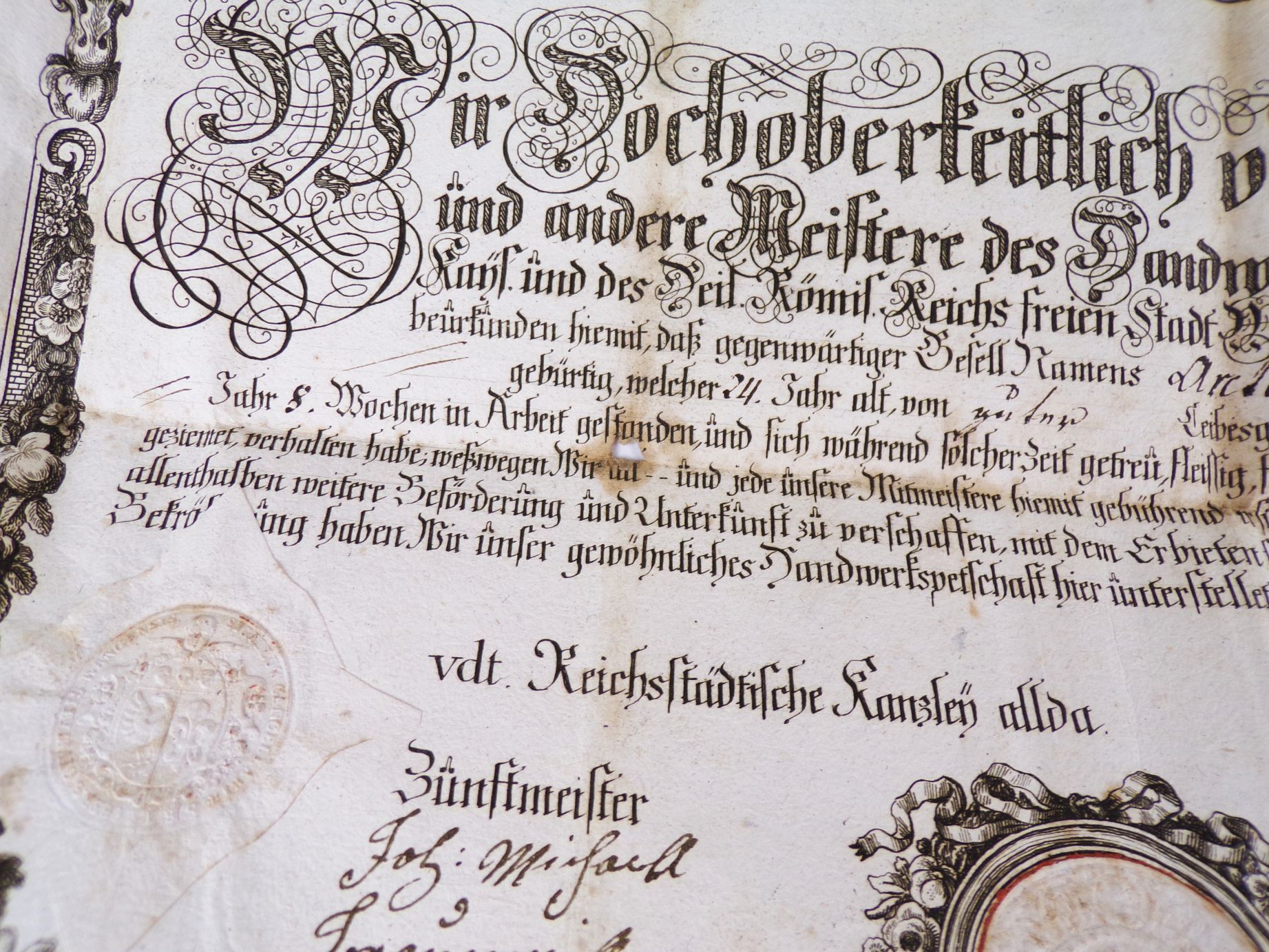 Uralter Gesellenbrief Zimmermann 1794 Wangen Allgäu Kupferstich