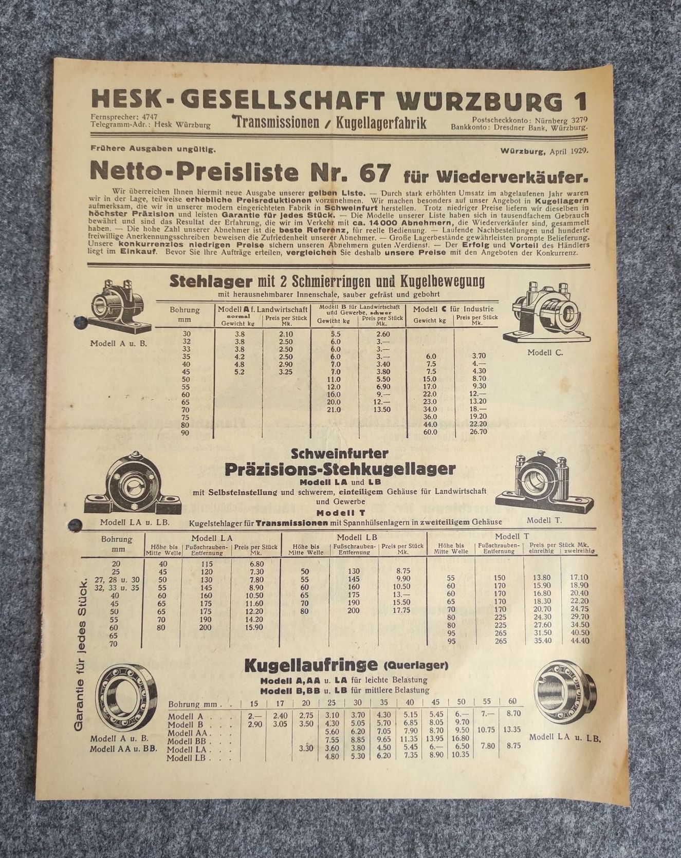 Netto Preisliste 67 Wiederverkäufer Hesk Gesellschaft Würzburg 1929 Netto Preisliste 67 Wiederverkäufer Hesk Gesellschaft Würzburg 1929
