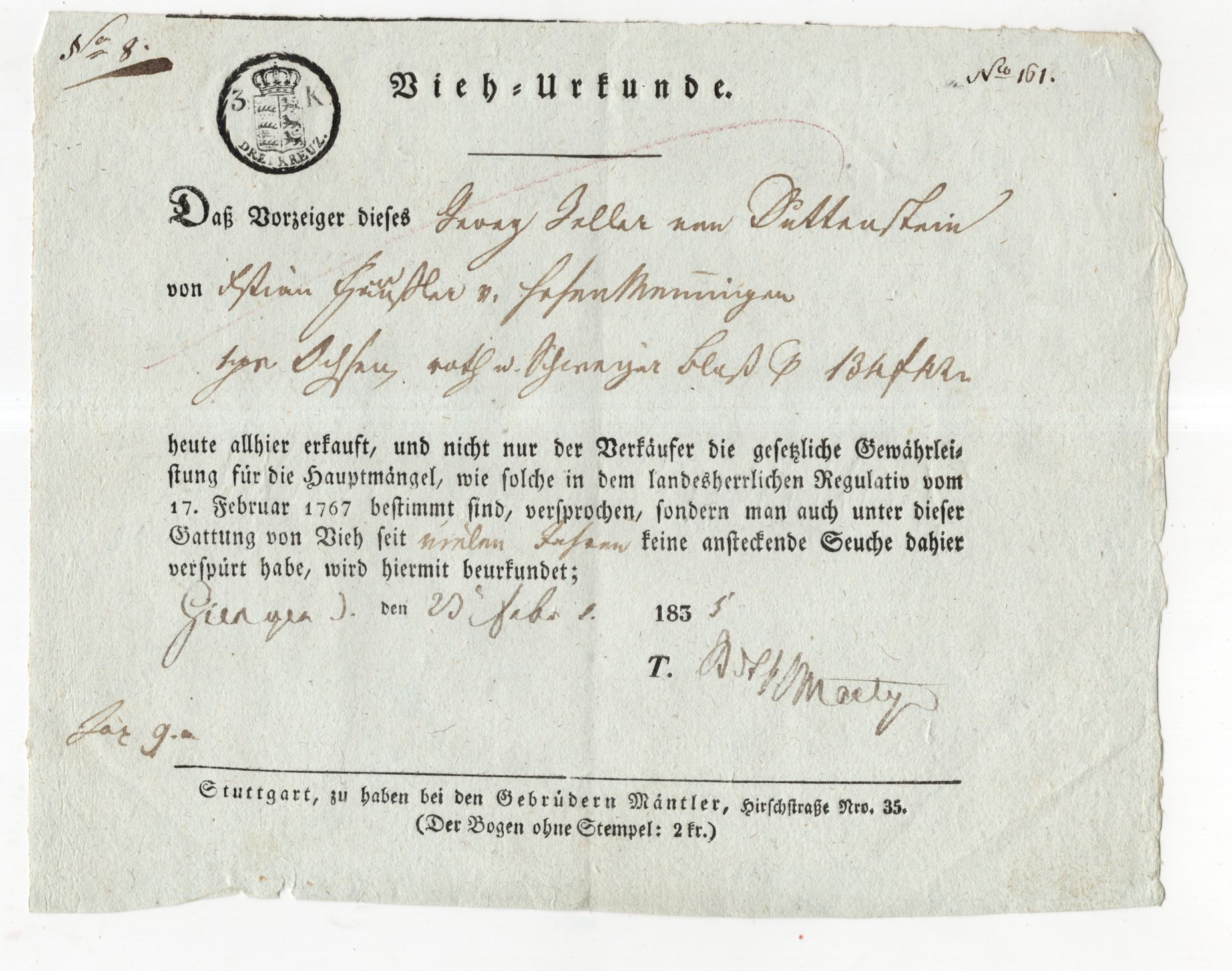 Vieh Urkunde 1938 Schwaben Stuttgart 