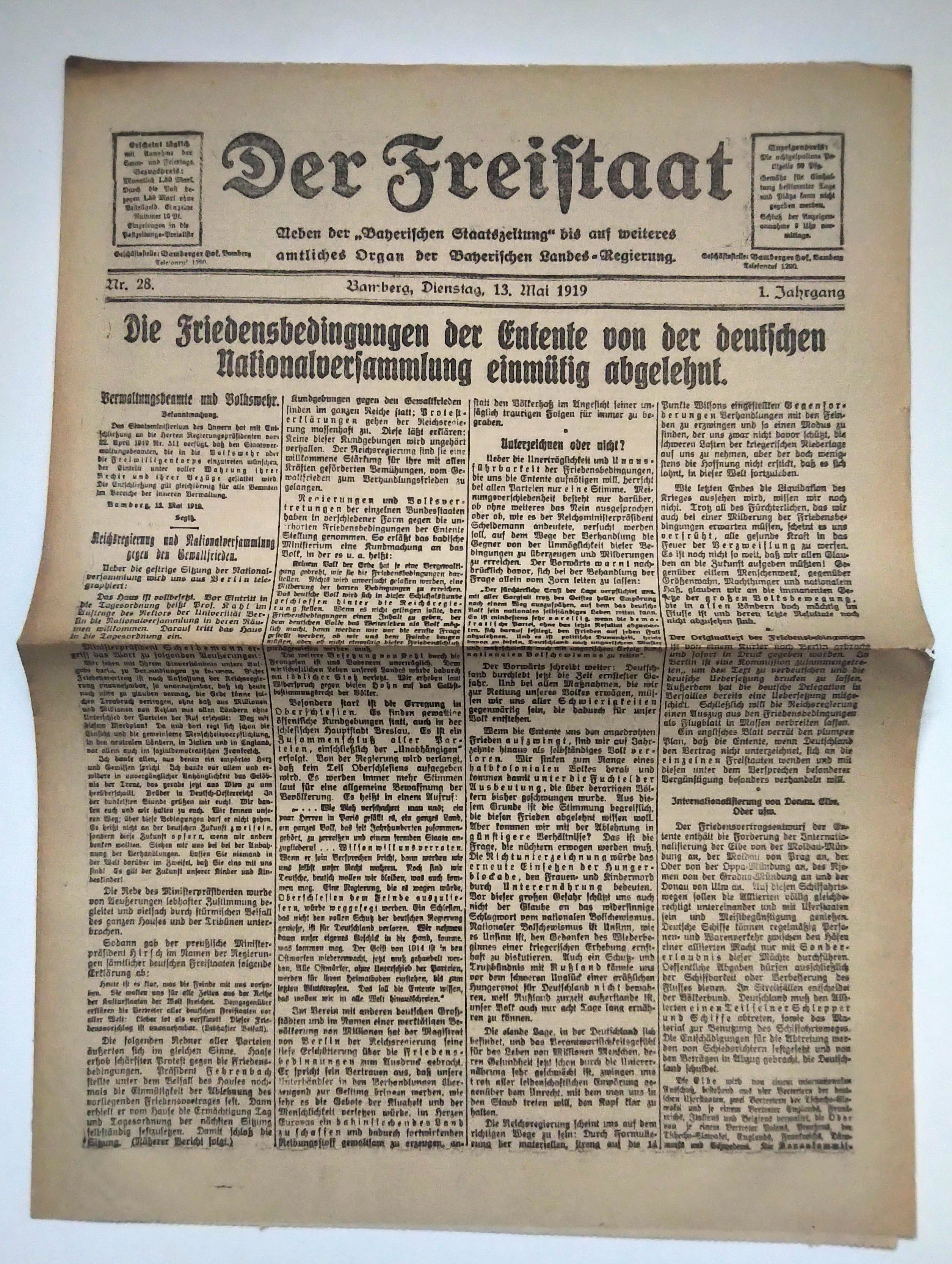 Der Freistaat alte Zeitung 1919 Nr 28 Deutsche Nationalversammlung
