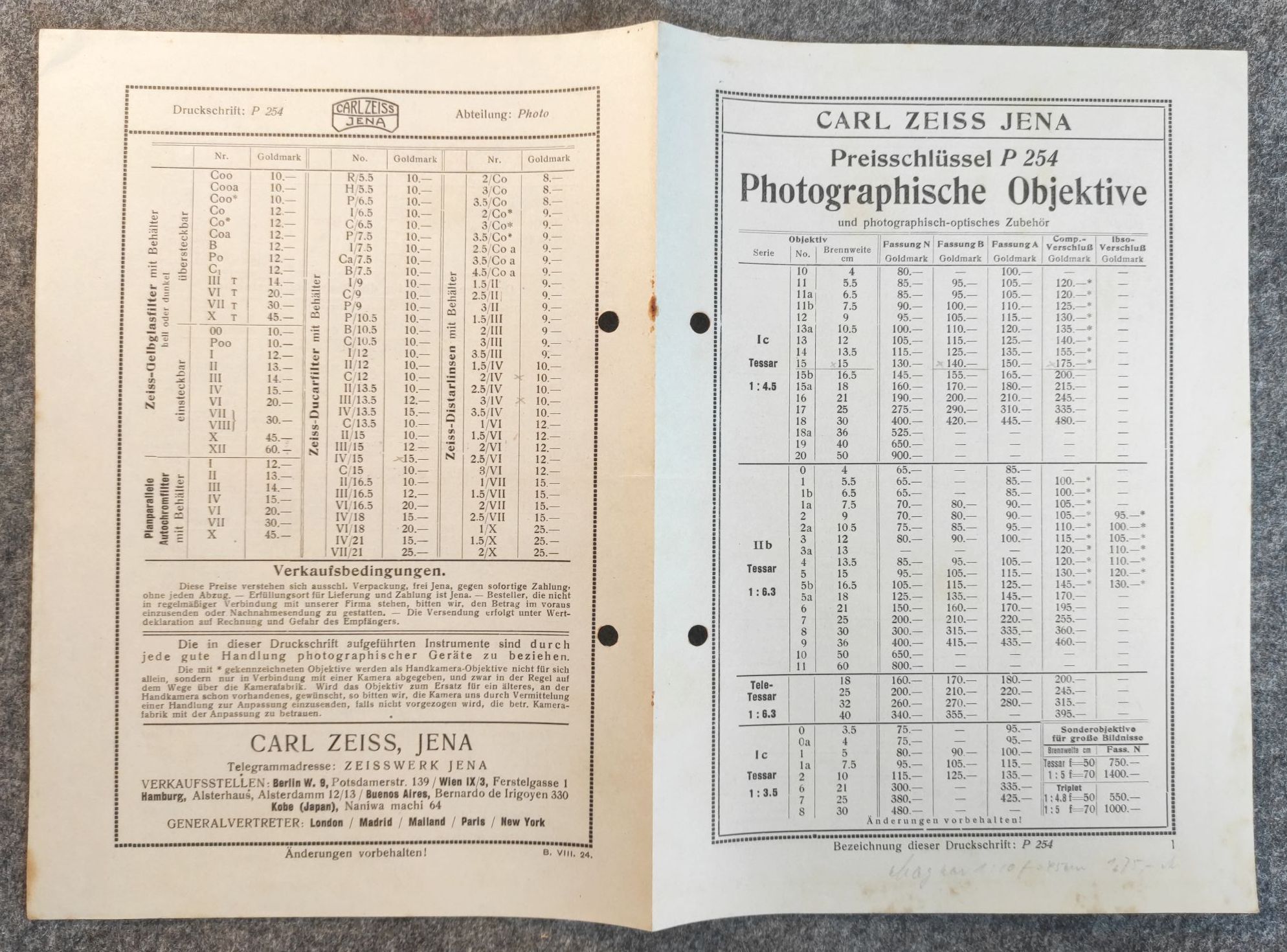 Carl Zeiss Jena Photographische Objekte alte Preisliste