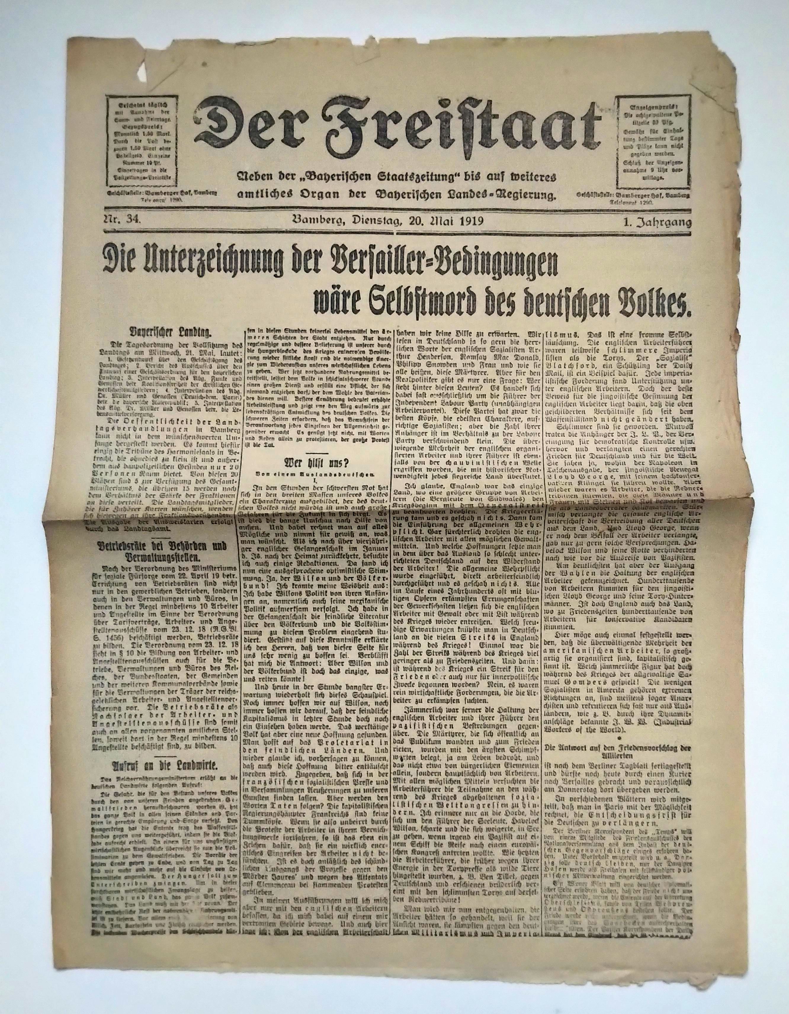 Der Freistaat Zeitung 1919 Nr 34 Unterzeichnung Versailler Bedingungen Der Freistaat Zeitung 1919 Nr 34 Unterzeichnung Versailler Bedingungen