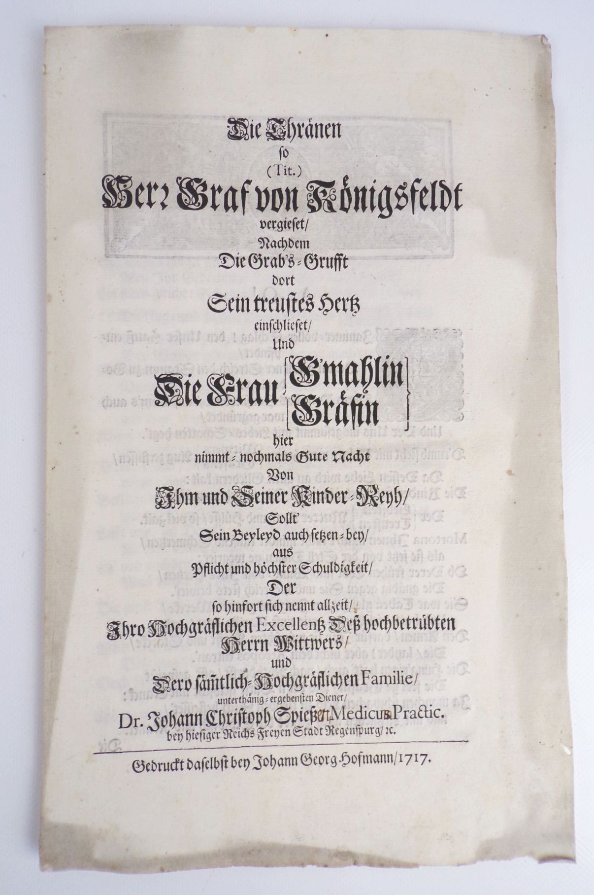Grabrede 1717 Graf von Königsfeldt Holzschnitt Regensburg 