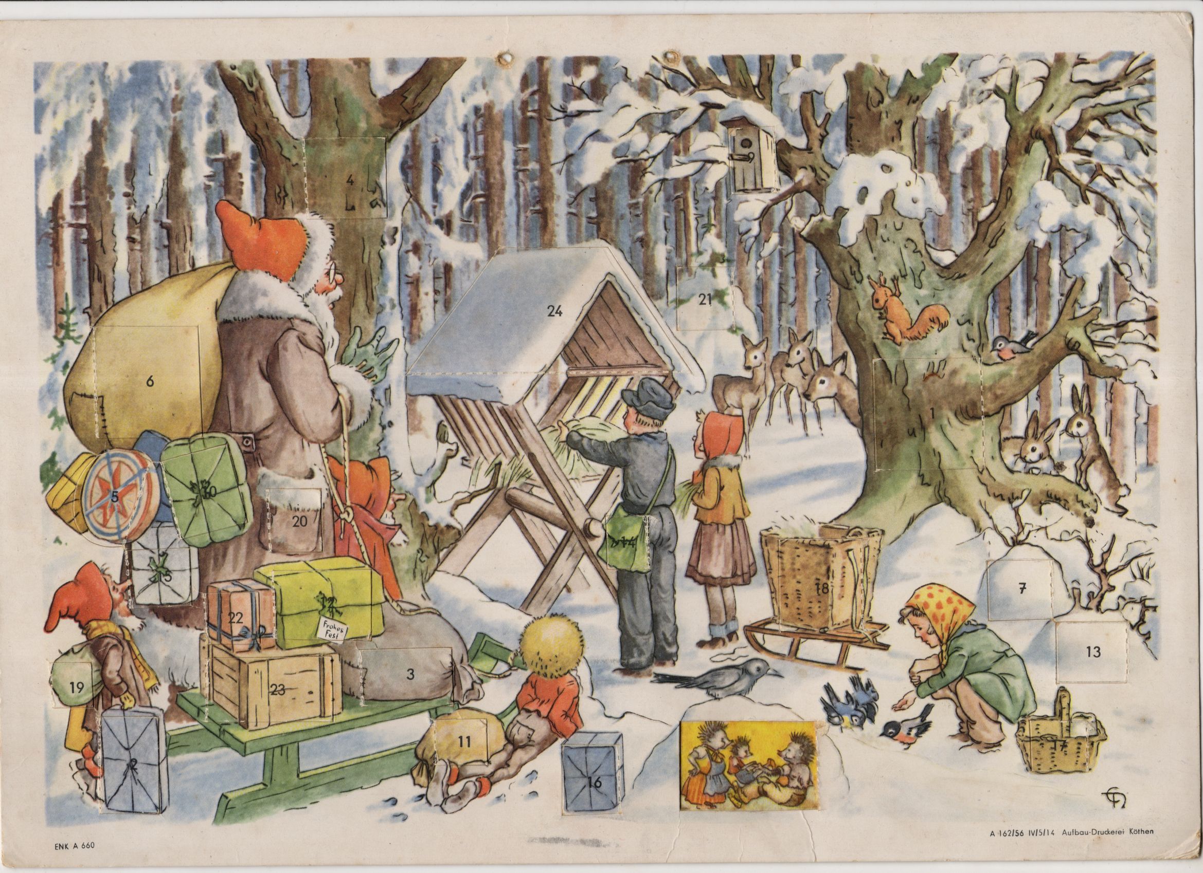 Alter Adventskalender Weihnachtsmann Kinder Zwerge im Wald Futterkrippe 1956