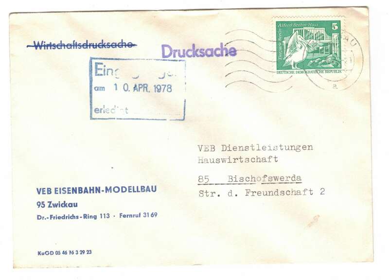 Firmen Brief VEB Eisenbahn Modellbau Zwickau Drucksache 1978