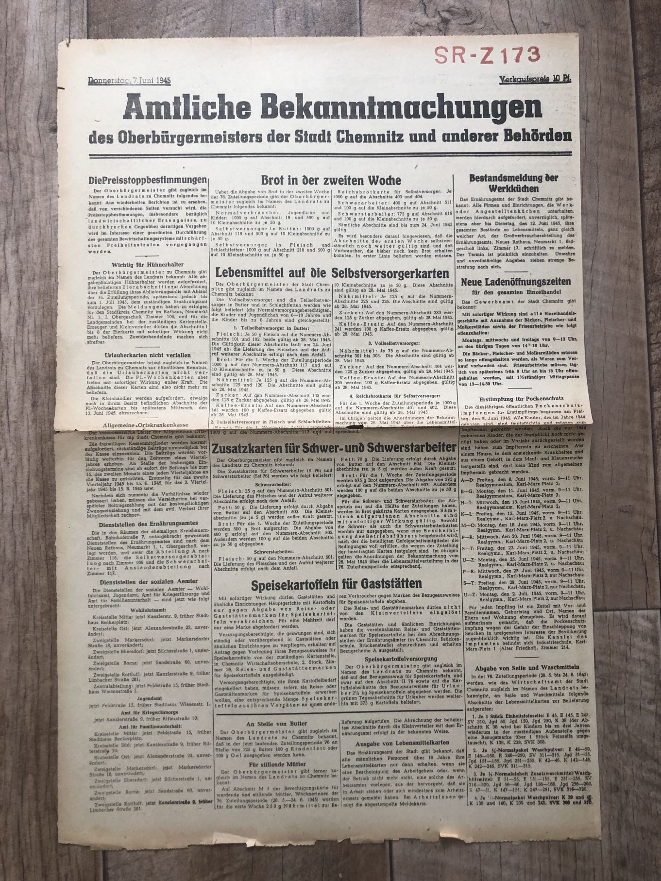 Zeitung Blatt Juli 1945 Juni Brot in der zweiten Woche Selbstversorgerkarten