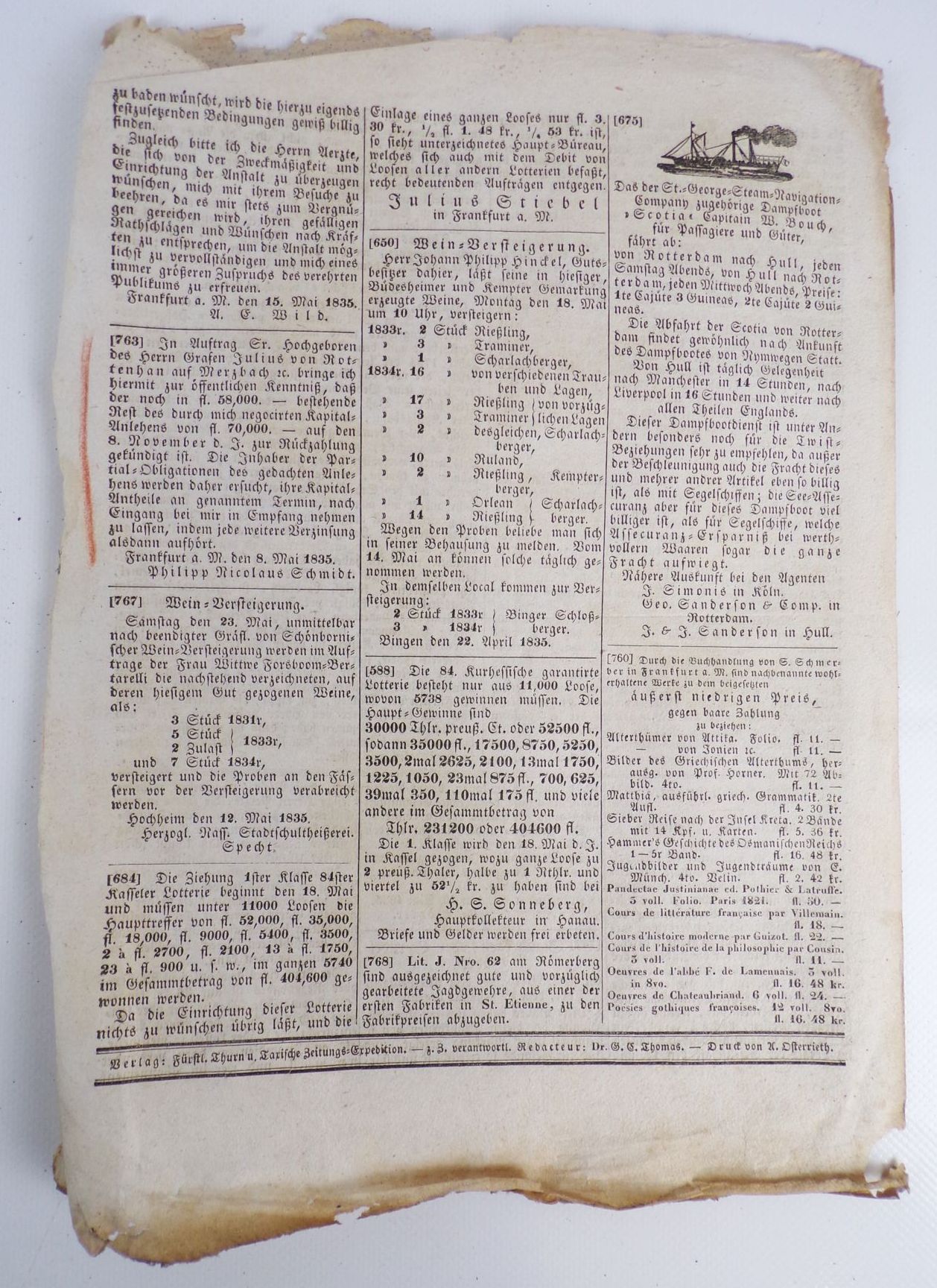 Frankfurter Handels Correspondent Eisenbahn 1839 bis 1845 Zeitung