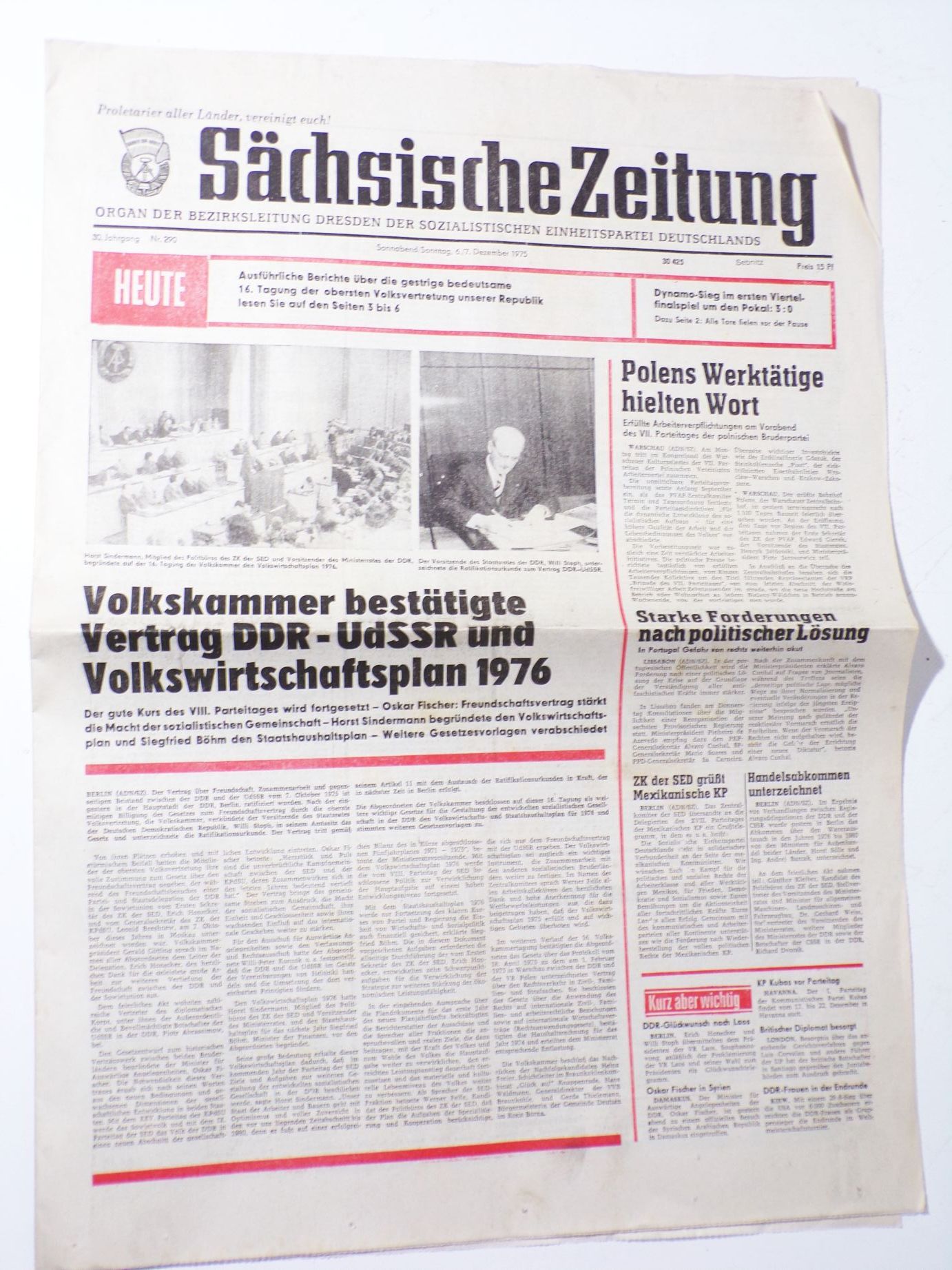 Sächsische Zeitung Nr 290 Dezember 1975 Volkswirtschaftsplan DDR UdSSR