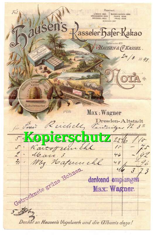Chromo Litho Rechnung Hausen`s Kasseler Hafer Kakao 1898 Wagner Dresden Nota !