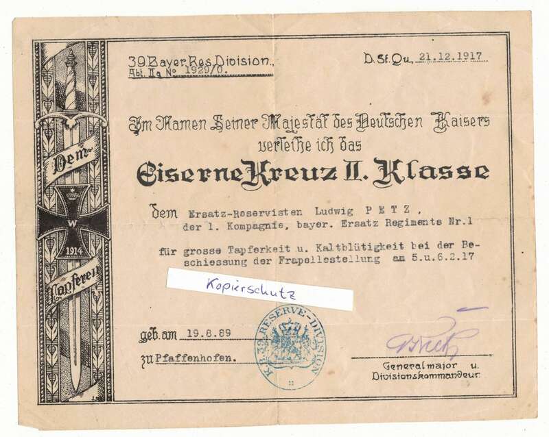 Verleihungsurkunde Eisernes Kreuz II Klasse Ek 1917 Frapelle Stellung 39 Bayer.Res. Div. !
