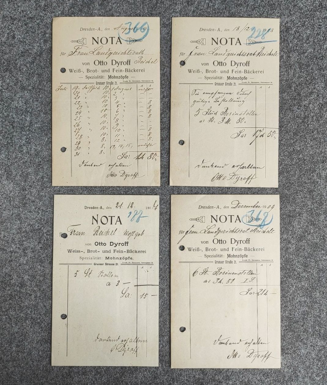 4 alte Quittungen 1907 1908 1909 NOTA Bäckerei Dresden 4 alte Quittungen 1907 1908 1909 NOTA Bäckerei Dresden