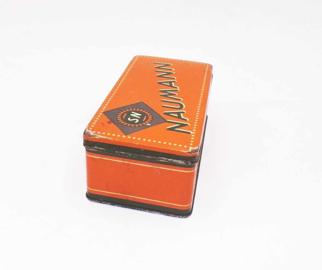 Alte Seidel und Naumann Blechdose orange Nähmaschinen Dose Box 
