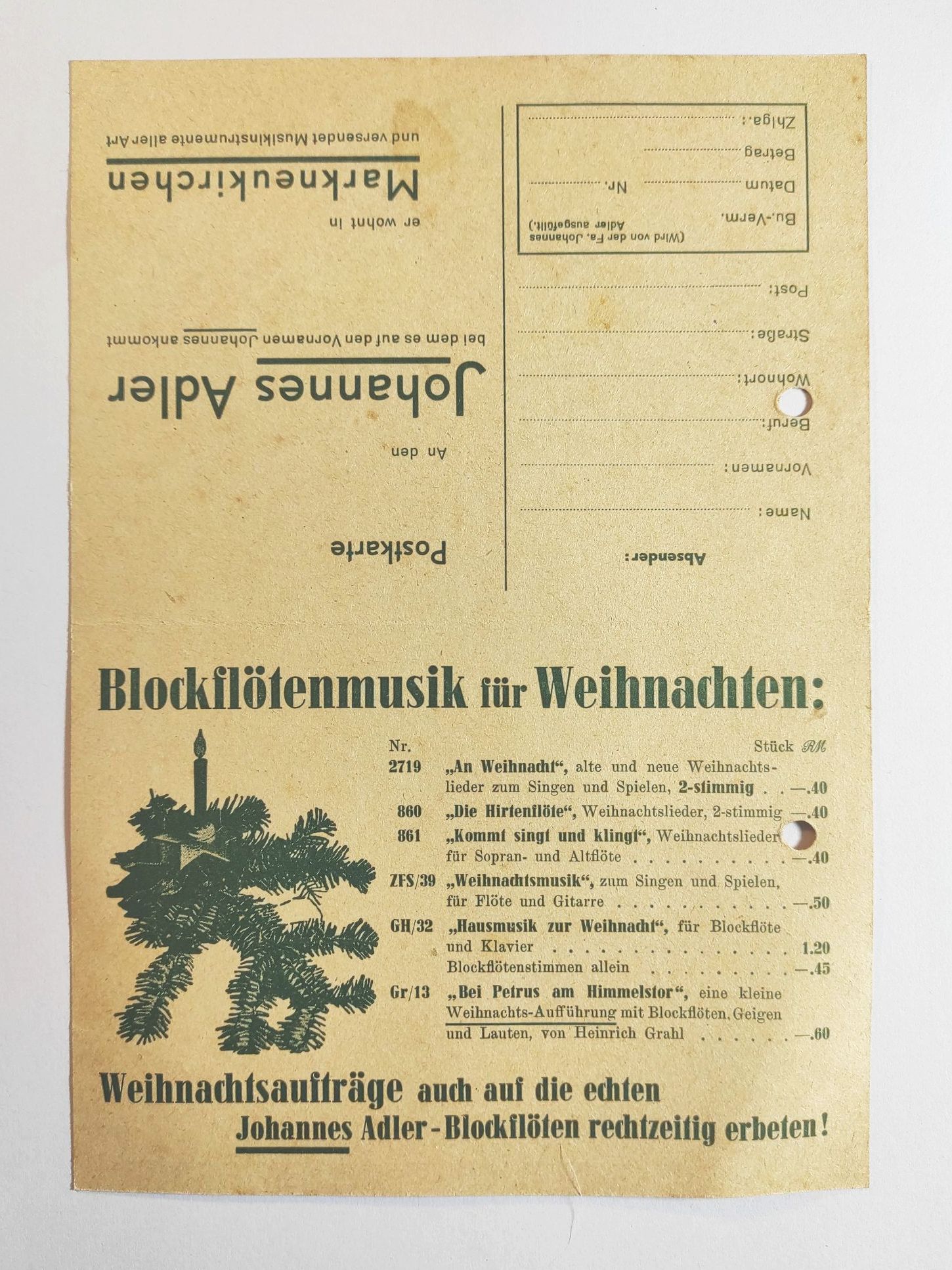 Alter Bestellschein Versand Musikinstrumente 1939 Alter Bestellschein Versand Musikinstrumente 1939