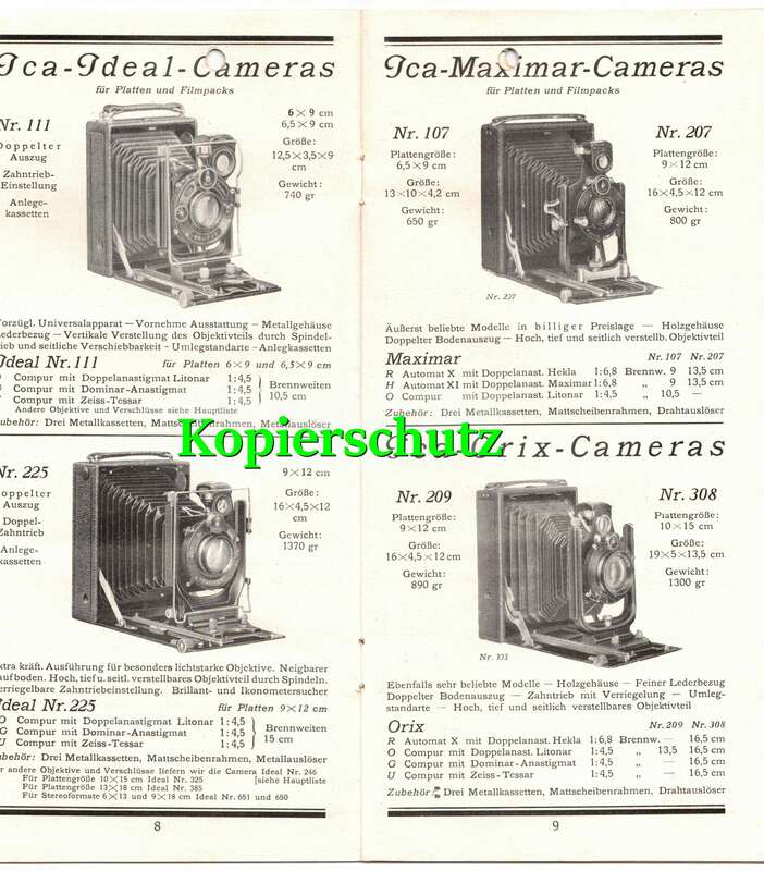 Katalog Auszugsliste Ica Kamera und Zubehör 1920er 