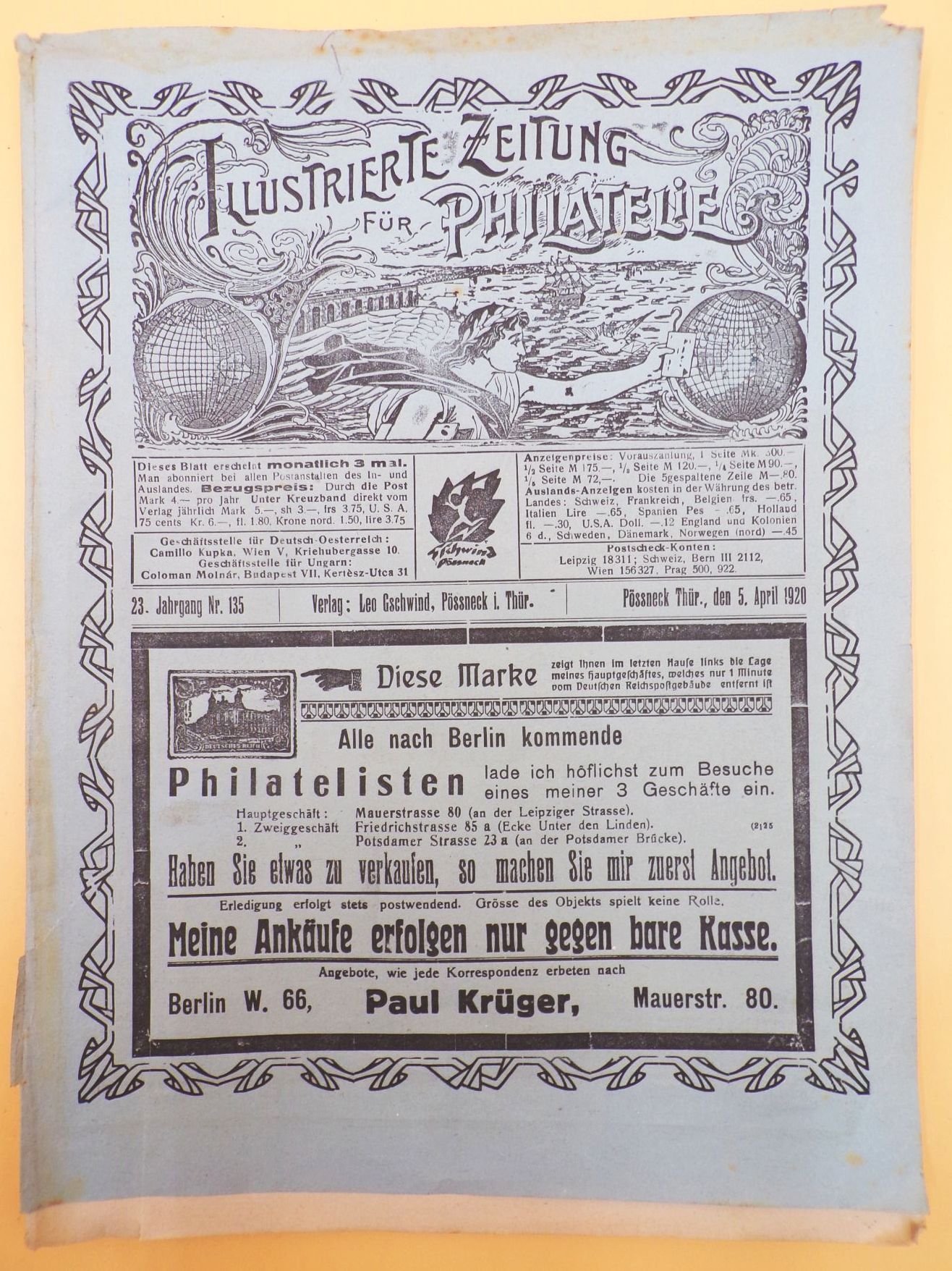 Illustrierte Zeitung für Philatelie Gschind Pössneck Thüringen 1920 Nr 135